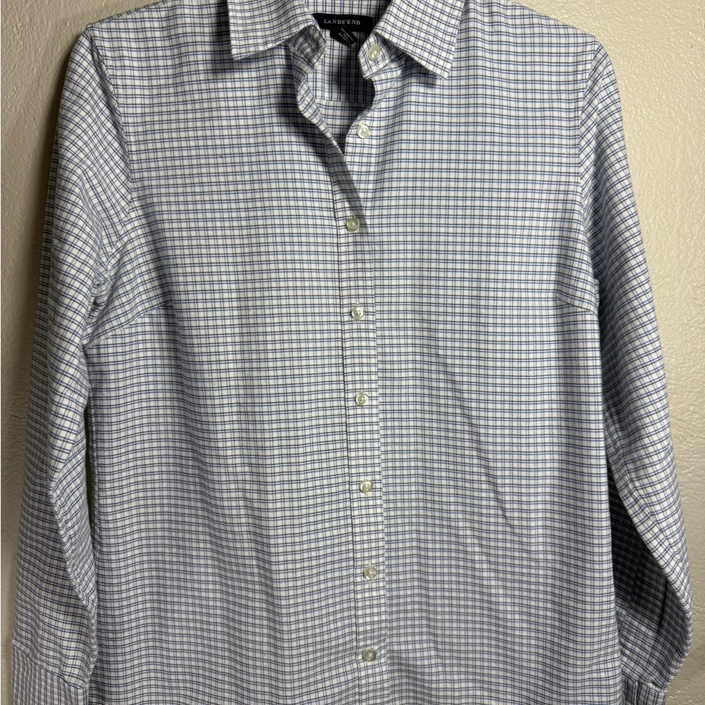 Lands’ End Women’s Button Down Shirt Small Blue White Check Long Sleeve